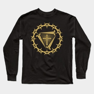 The cross of Jesus and the nails of the crucifix are framed with a crown of thorns. Long Sleeve T-Shirt